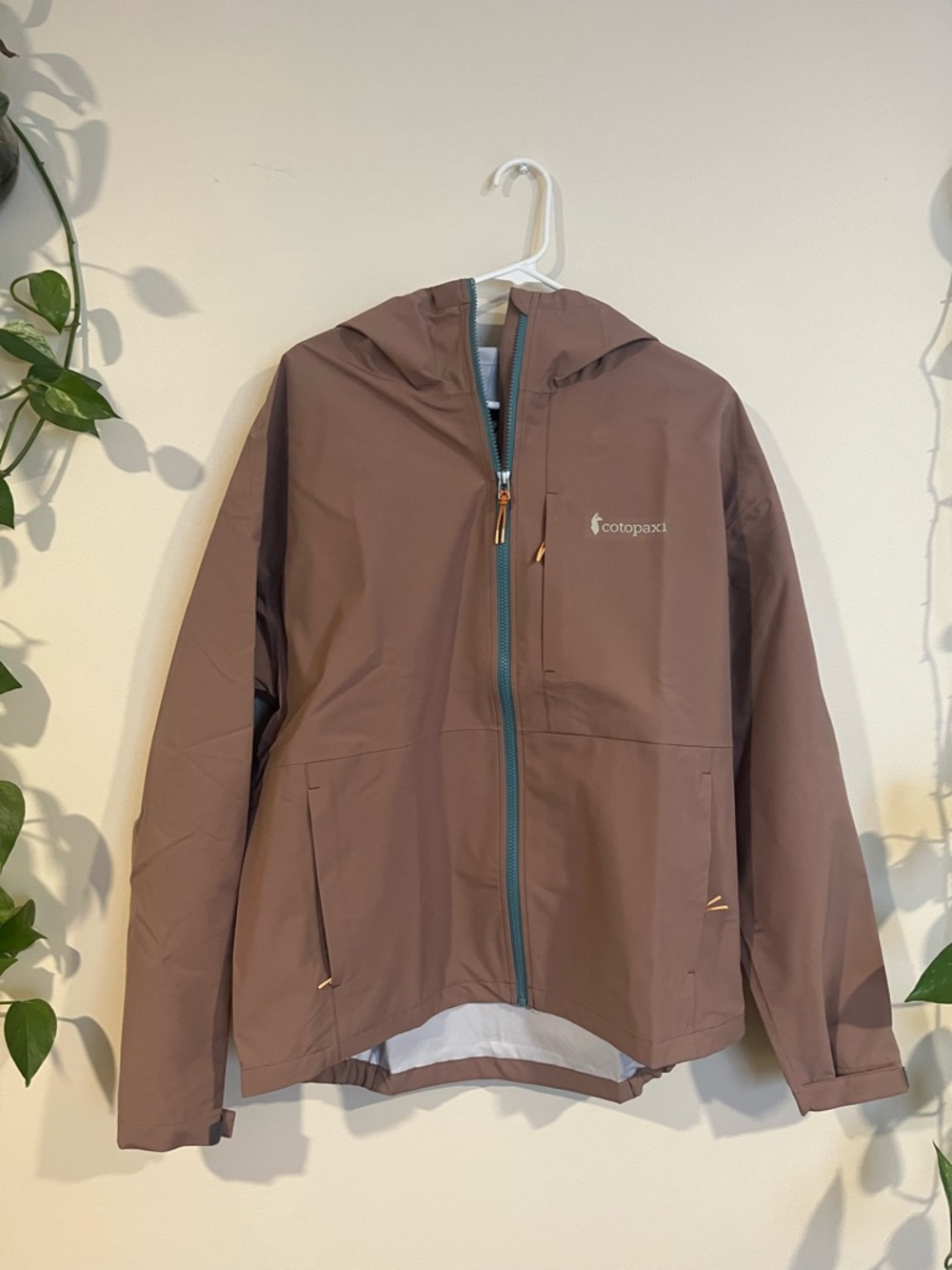 cotopaxi Reishi Brown Rain Jacket with Teal Zipper